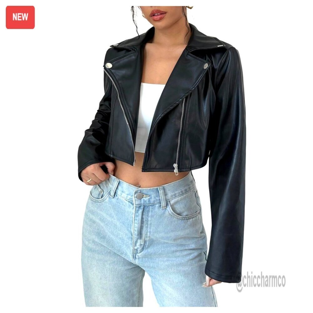 Cropped PU Leather Motorcycle Jacket with Zipper, Long Sleeve Rave Outerwear